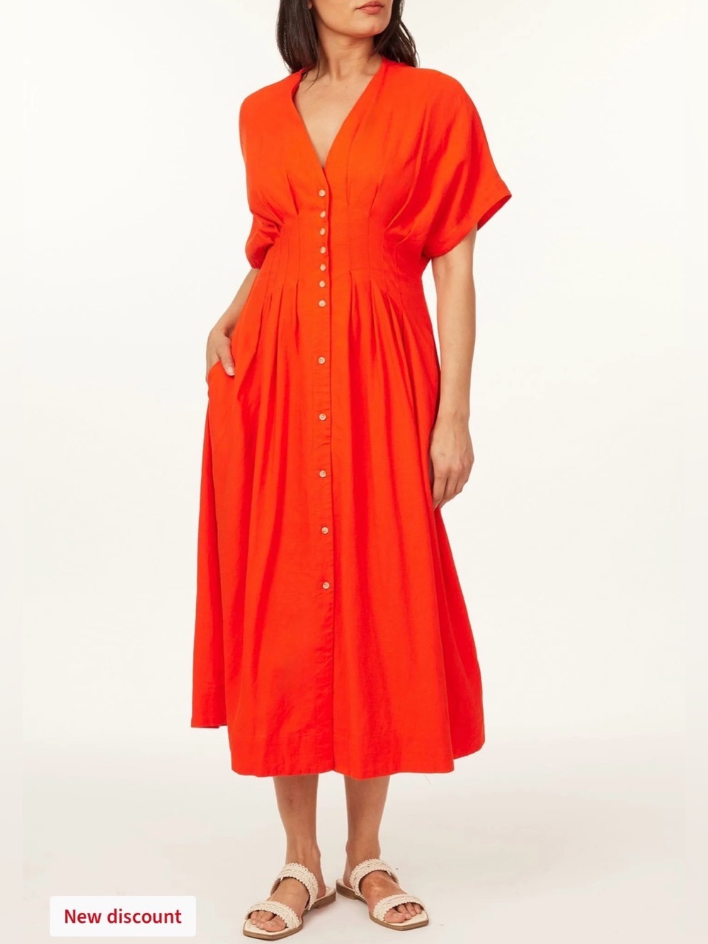 Scotch & Soda Pleated Dolman Sleeve Linen Blend Orange Midi Dress Small